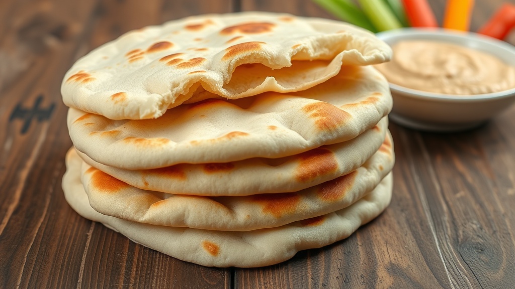 Fluffy Homemade Pita Bread Recipe Fresh homemade pita bread stacked on a wooden table with a bowl of hummus and vegetables.